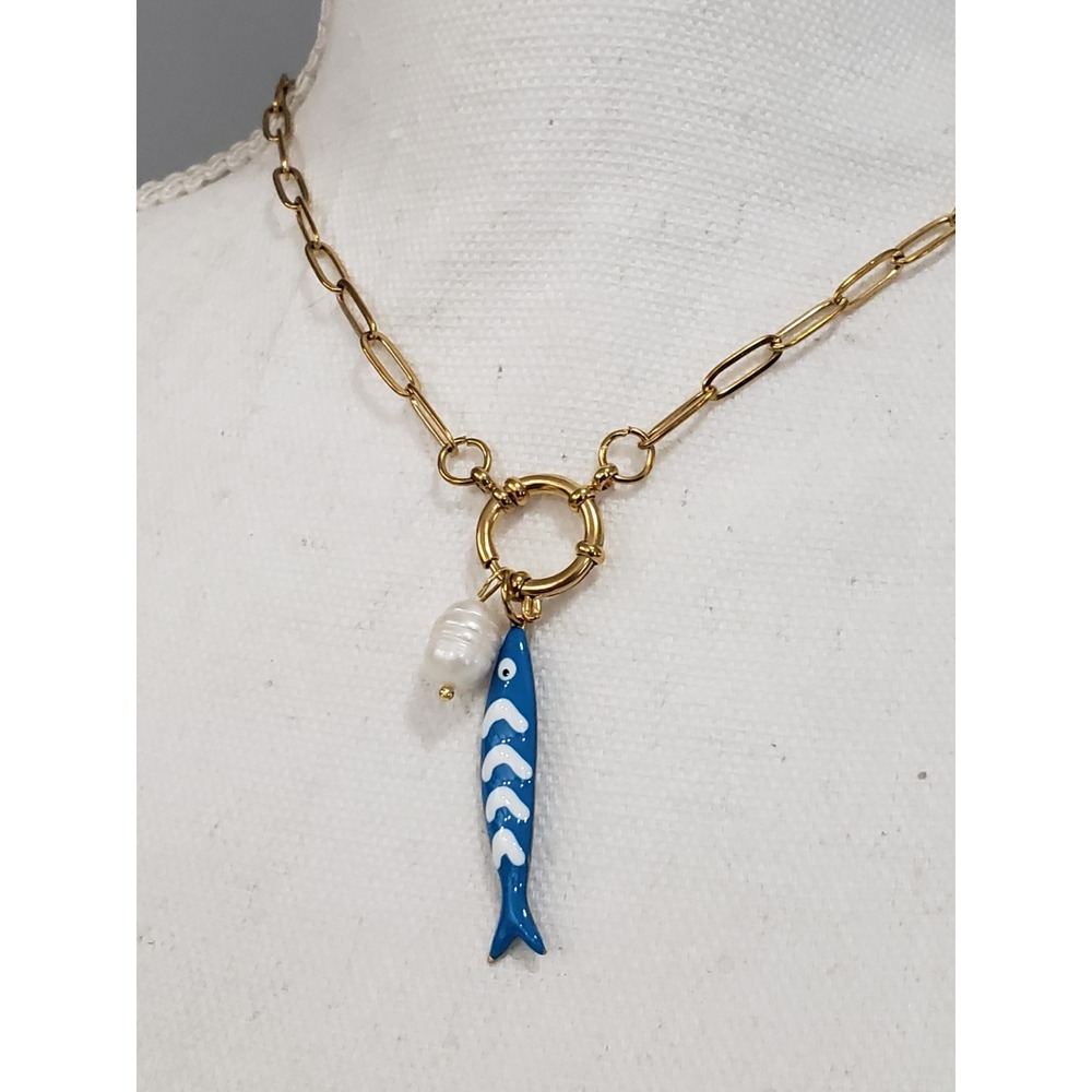 Mayamar BLUE Fish Pearl Paperclip Link Necklace 16" DAINTY VACATION CRUISE BOHO
